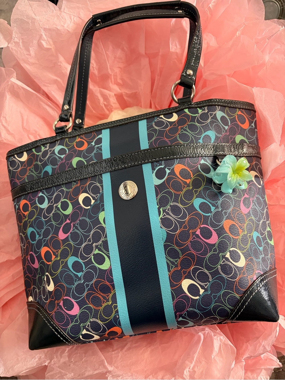 Multicolor Patterned Tote Bag with Navy Stripe
